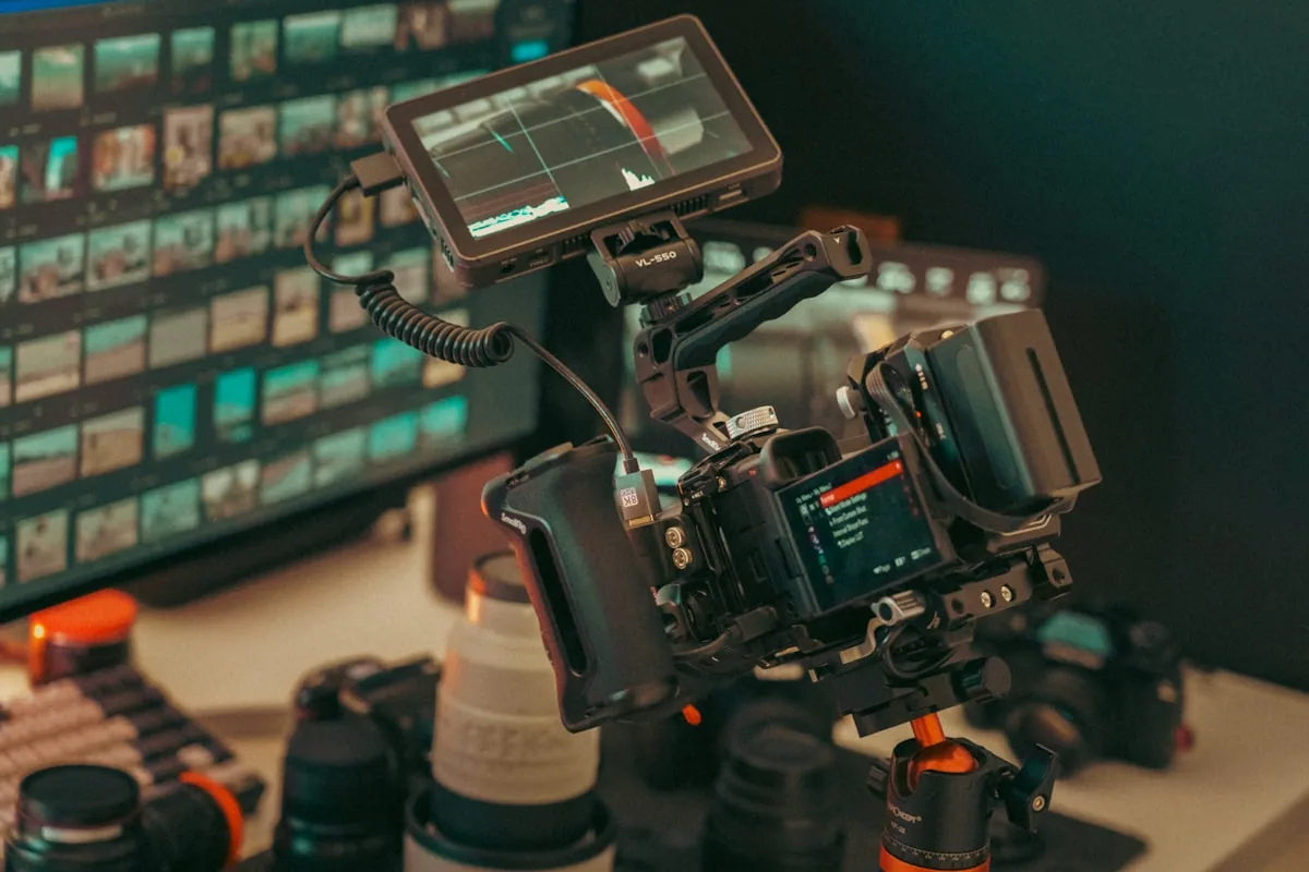 Professional video editing timeline with colour grading on a production workstation