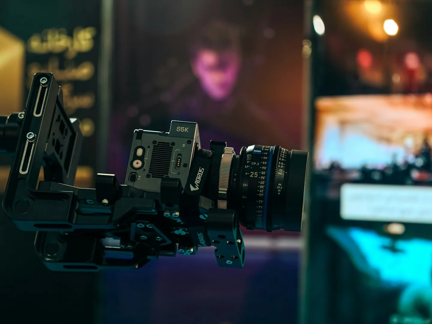 Professional cinematic video production setup with camera and studio lighting