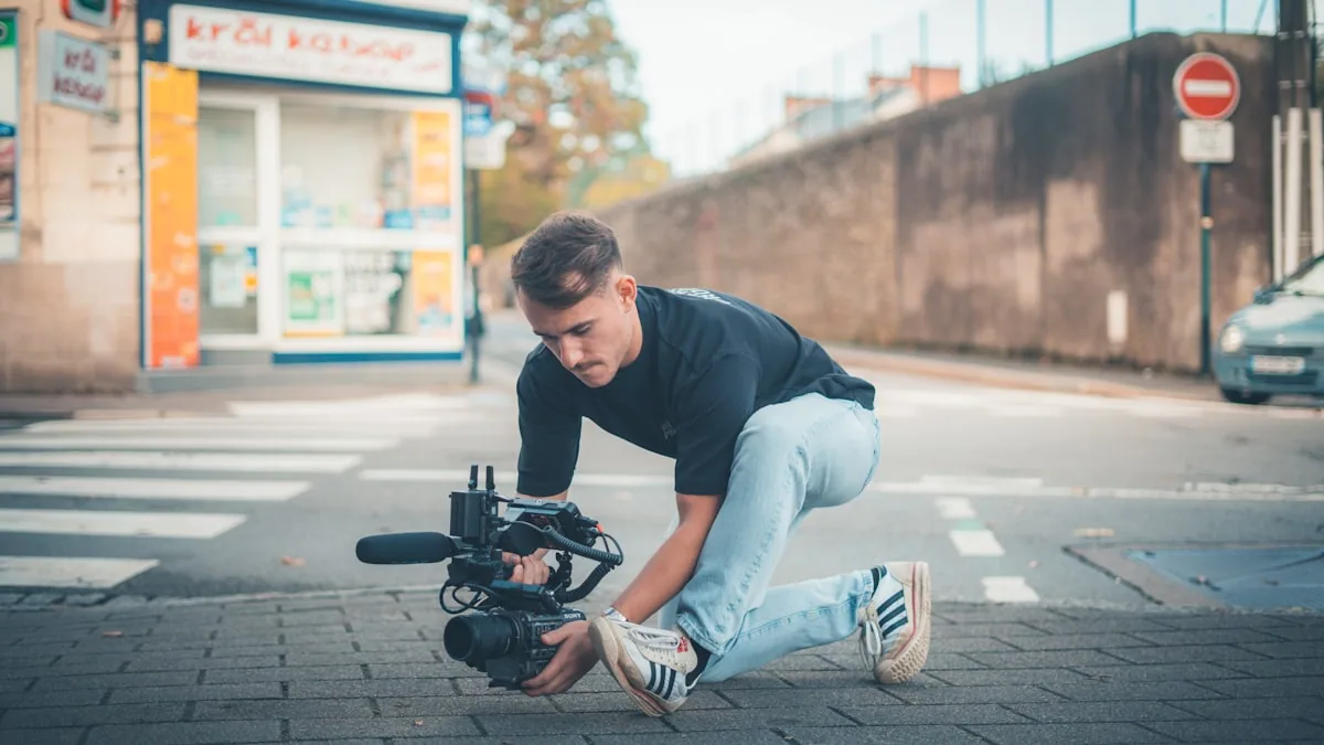Professional film crew filming on location with camera and lighting setup